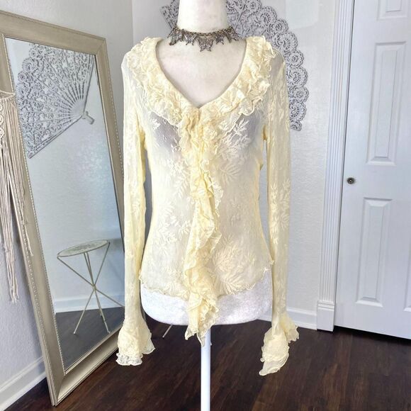 Newport Cream White Sheer Lace Frilly Ruffle Pirate Wench Bell Sleeve Blouse S - Picture 2 of 8
